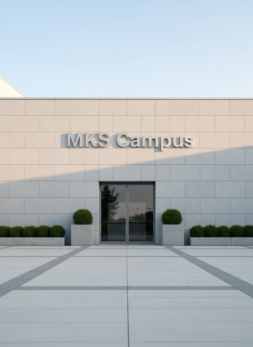 The exterior signage of a modern coaching campus building, showing a large, clean facade of light gray stone with a bold, professional "MKS Campus" logo mounted in brushed metal letters. Below the logo, a glass entrance door reflects a clear sky, framed by neatly trimmed shrubs in square concrete planters. The walkway is paved with smooth tiles, subtly guiding the eye toward the entrance. Late afternoon natural light creates a soft golden rim on the metal letters and gentle shadows along the wall, emphasizing depth. Captured from a slightly low angle in photographic realism, the composition follows the rule of thirds, conveying trust, stability, and a high-quality academic institution.