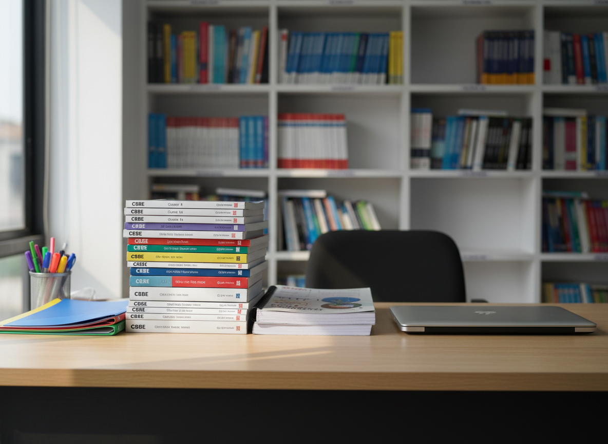 A neatly arranged study desk in a modern school coaching center, featuring a stack of pristine CBSE textbooks from classes 1 to 10, a spiral-bound Olympiad preparation workbook, and a sleek closed laptop with a subtle metallic finish. The desk surface is a light oak laminate, spotless and organized with color-coded folders and a clear acrylic pen holder. In the background, slightly blurred, tall white bookshelves are filled with labeled academic resources. Soft daylight from a large side window creates gentle highlights on the book covers and casts calm, elongated shadows. Photographic realism at eye-level, with a shallow depth of field, conveys a professional, focused, and aspirational atmosphere suited to a quality education brand.
